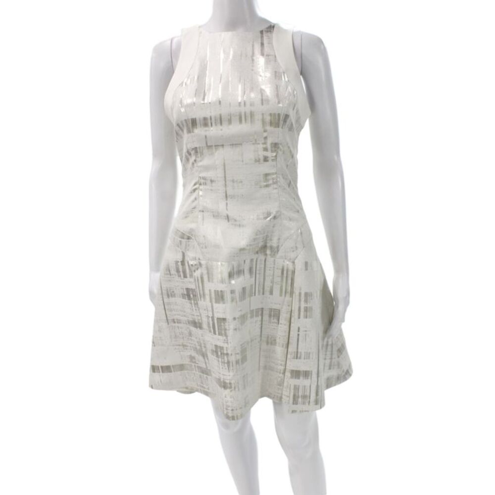 ICB Women Fit & Flare Silver Geometric Knee-Length Sleeveless Dress Size 4